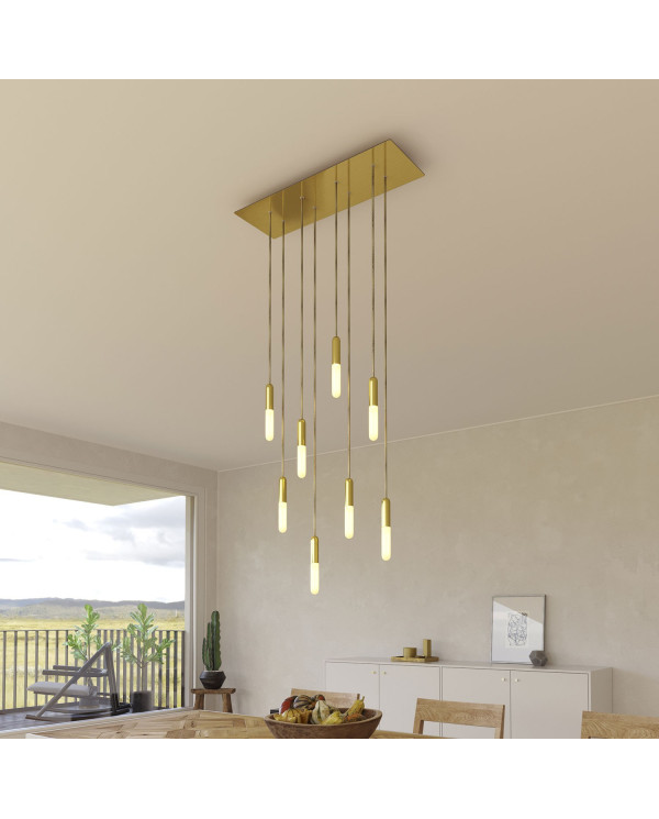 Lampada a sospensione a 8 cadute con XXL Rose-One rettangolare 675 mm completa di cavo tessile e finiture in metallo