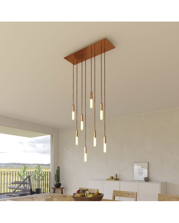 Lampada a sospensione a 8 cadute con XXL Rose-One rettangolare 675 mm completa di cavo tessile e finiture in metallo