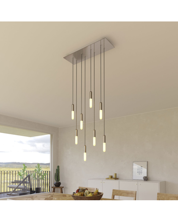 Lampada a sospensione a 8 cadute con XXL Rose-One rettangolare 675 mm completa di cavo tessile e finiture in metallo