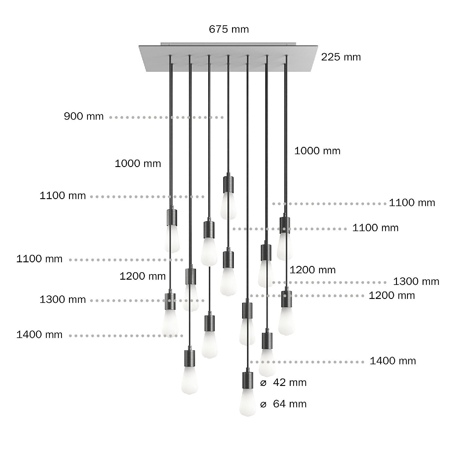 Lampada a sospensione a 14 cadute con XXL Rose-One rettangolare 675 mm completa di cavo tessile e finiture in metallo