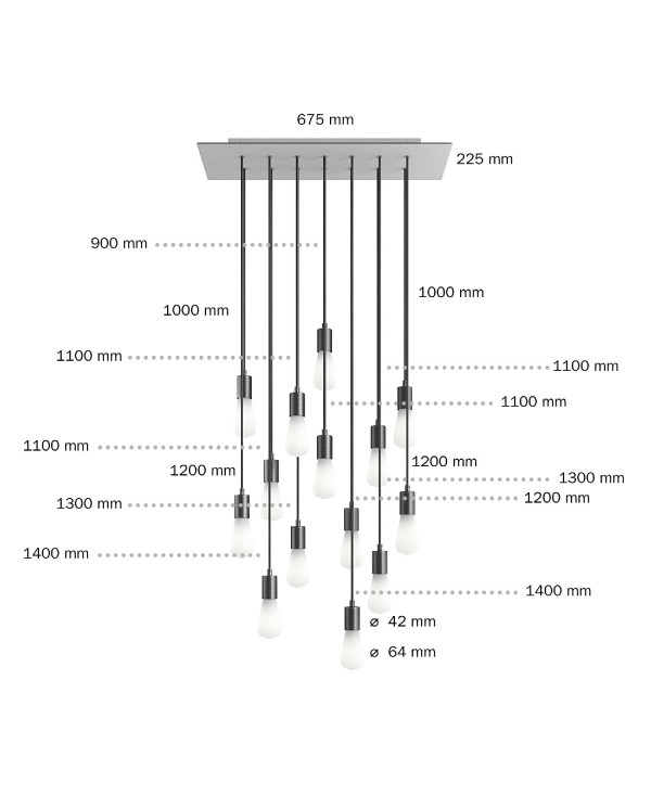 Lampada a sospensione a 14 cadute con XXL Rose-One rettangolare 675 mm completa di cavo tessile e finiture in metallo