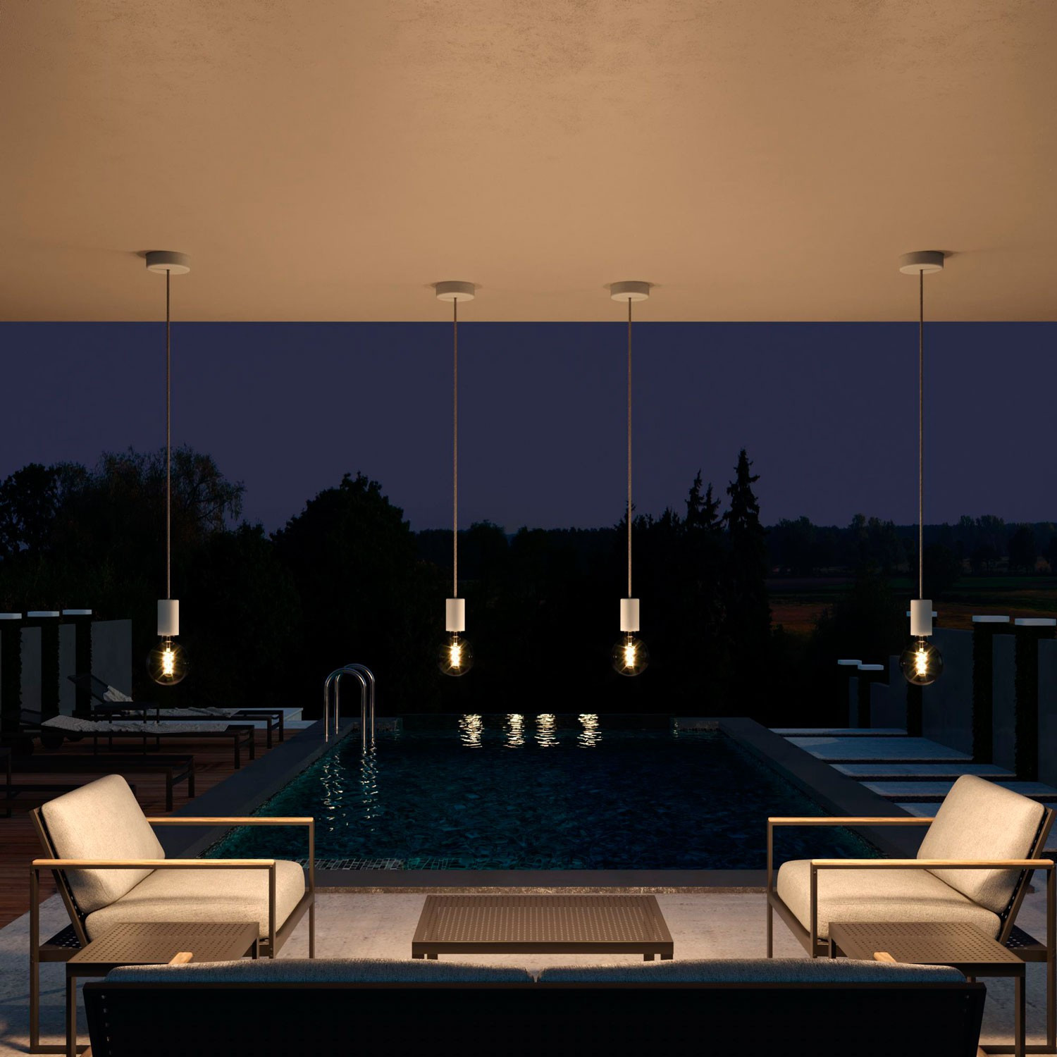 Lampada a sospensione da esterni con 1,5 m cavo tessile, rosone e portalampada in silicone IP65 waterproof - EIVA ELEGANT