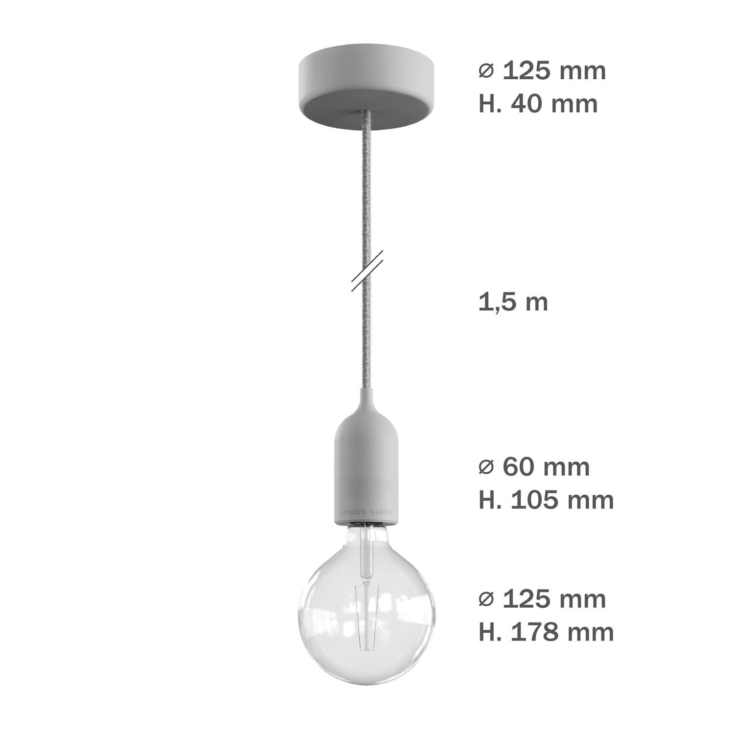 Lampada a sospensione da esterni con 1,5 m cavo tessile, rosone e portalampada in silicone IP65 waterproof - EIVA PASTEL