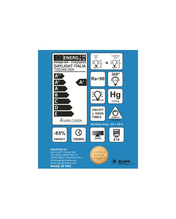 Lampadina LED White Frosted DASH D66 filamento dritto 4W 300Lm E14 2700K Dimmerabile