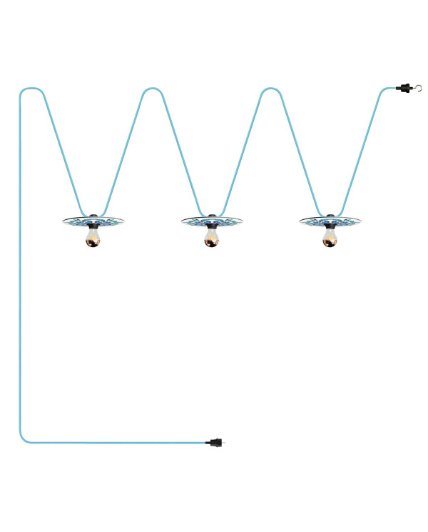 Catenaria Sistema Lumet 'Maioliche' da 10 m con cavo tessile, 3 portalampada e paralumi, gancio e spina nera