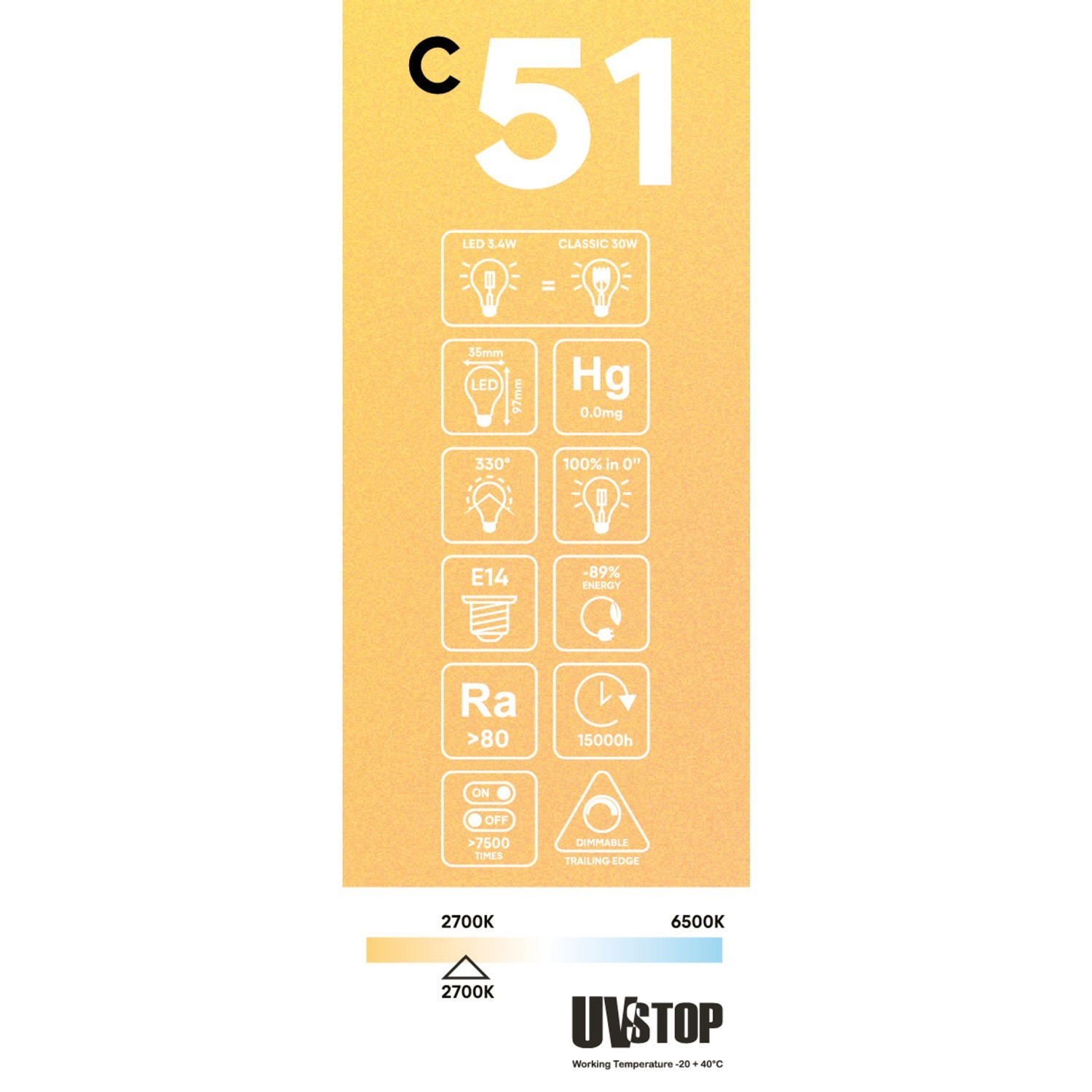 Lampadina LED Dorata Carbon Line filamento verticale Candela C35 3,5W 300Lm E14 2700K Dimmerabile - C51