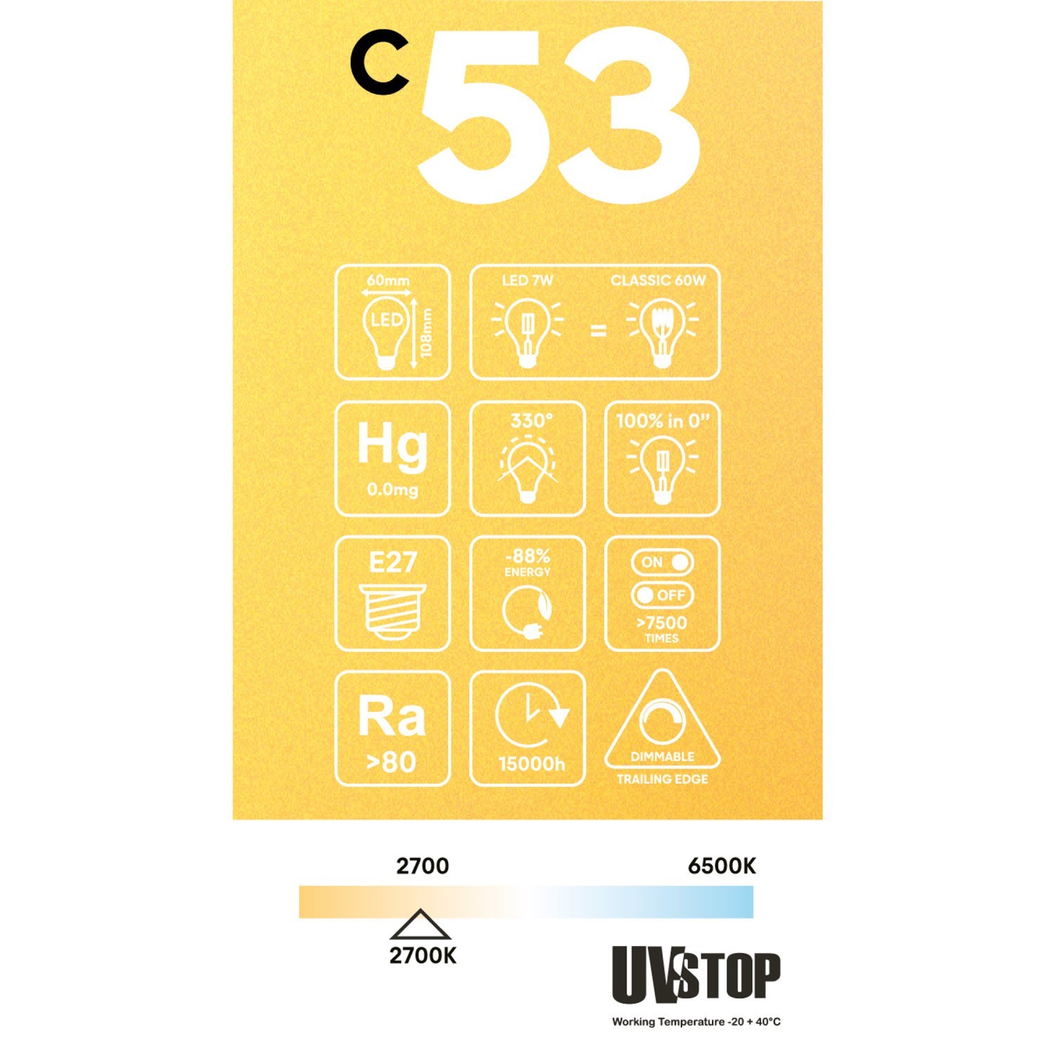 Lampadina LED Dorata Carbon Line filamento verticale Goccia A60 7W 640Lm E27 2700K Dimmerabile - C53