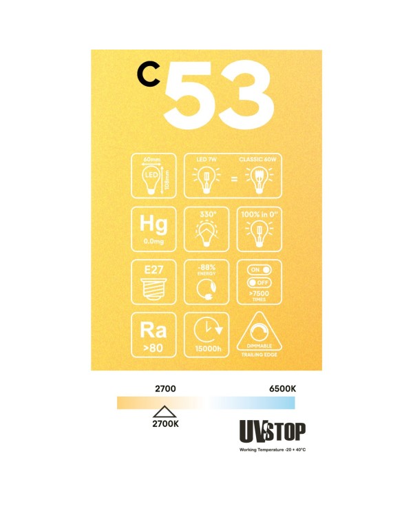 Lampadina LED Dorata Carbon Line filamento verticale Goccia A60 7W 640Lm E27 2700K Dimmerabile - C53