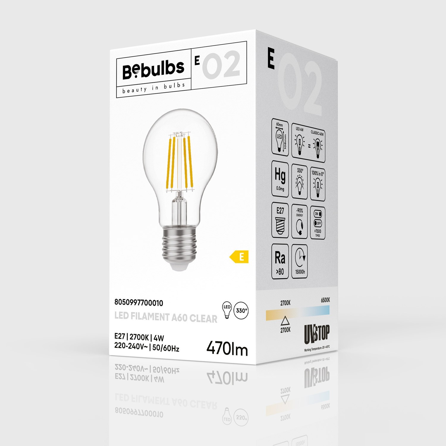 Lampadina LED E27 Goccia A60 Trasparente 4W 470Lm 2700K - E02