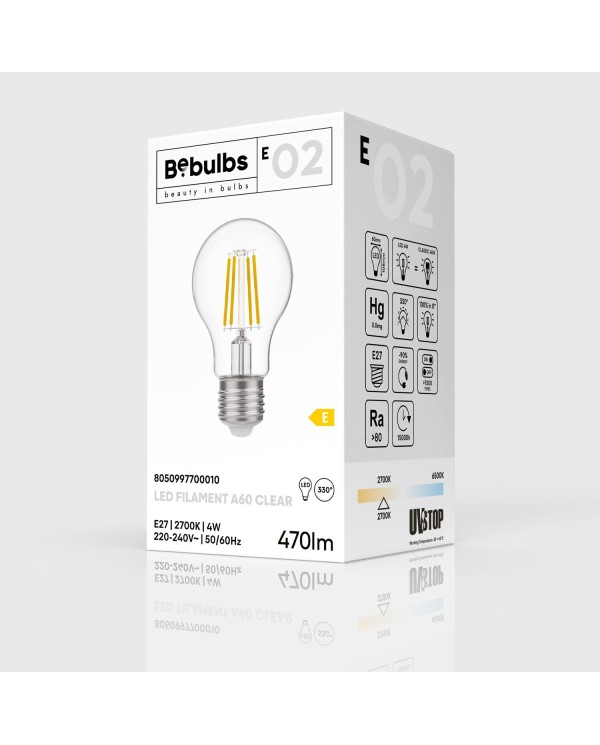 Lampadina LED E27 Goccia A60 Trasparente 4W 470Lm 2700K - E02