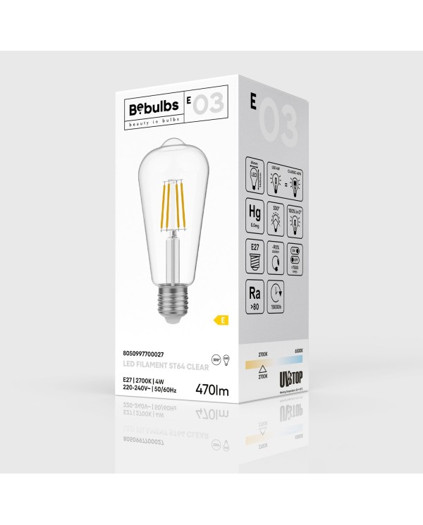 Lampadina LED E27 Edison ST64 Trasparente 4W 470Lm 2700K - E03