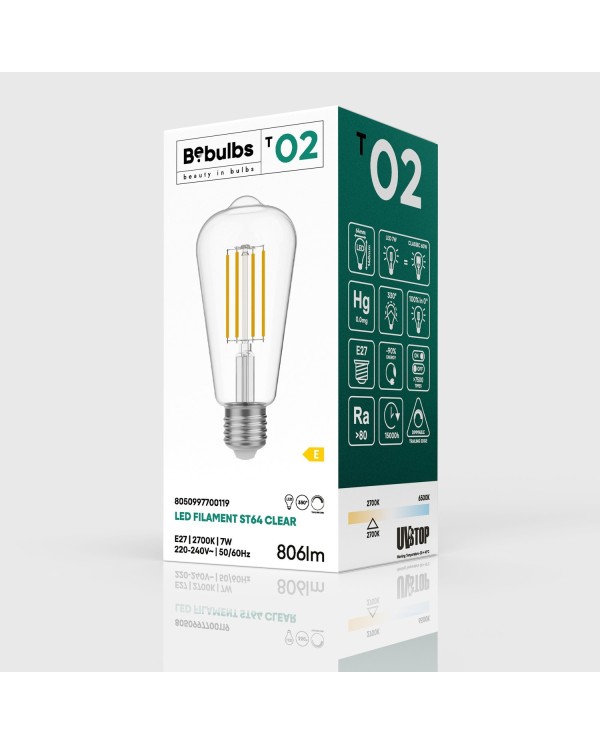 Lampadina LED E27 Edison ST64 Trasparente 7W 806Lm 2700K Dimmerabile - T02