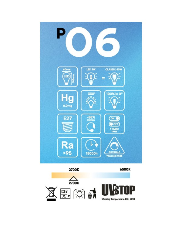 Lampadina LED Effetto Porcellana CRI 95 A60 7W 640Lm E27 2700K Dimmerabile - P06