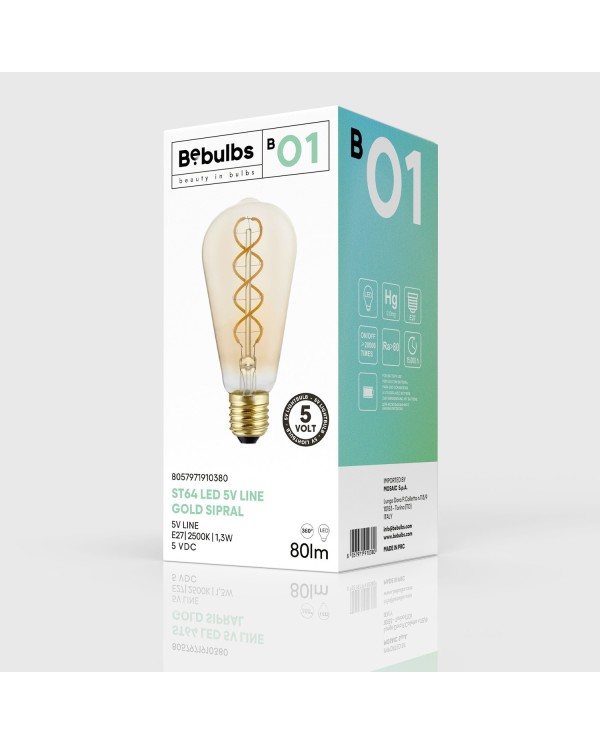 Lampadina LED Dorata Linea 5V filamento a spirale Edison ST64 1,3W 80Lm E27 2500K Dimmerabile - B01