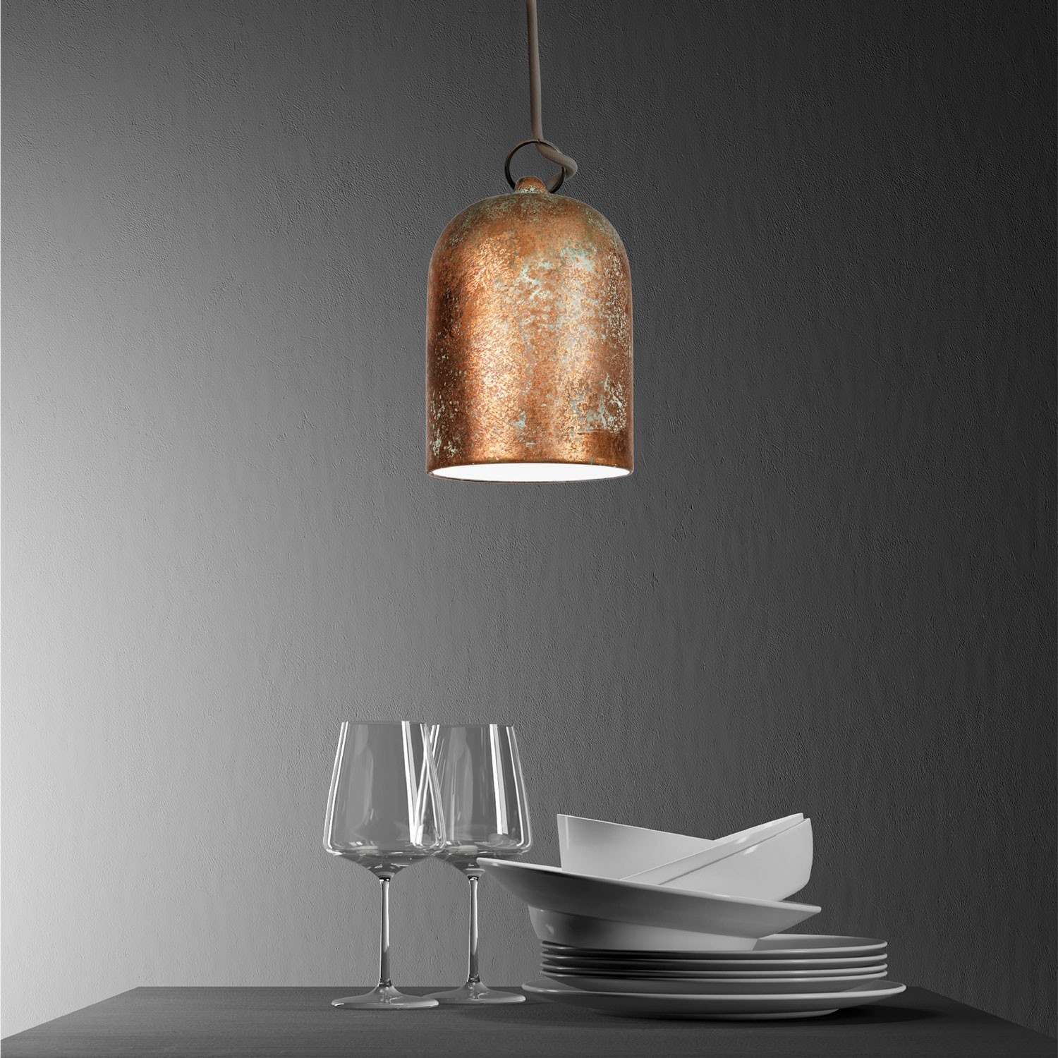 Lampada a sospensione Made in Italy completa di cavo tessile e paralume Mini Campana XS in ceramica