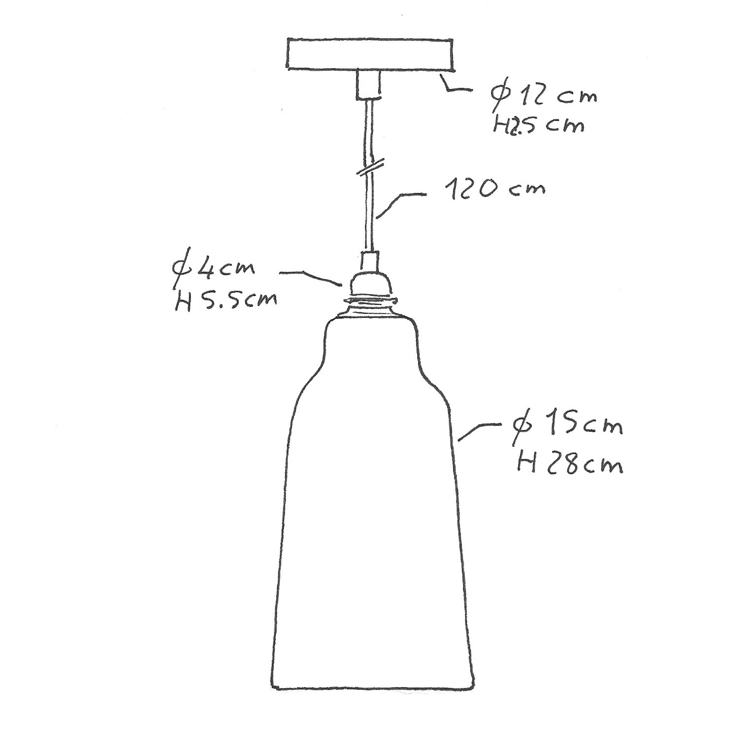 Lampada a sospensione Made in Italy completa di cavo tessile, paralume Bottiglia in ceramica e finiture in metallo