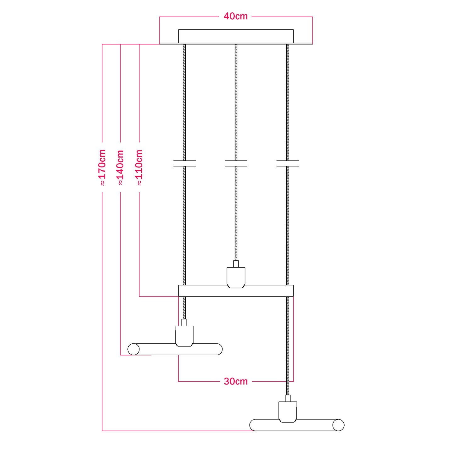 Lampada a sospensione a 3 cadute asimmetriche esse14 con Rose-One completa di cavo tessile e finiture in metallo