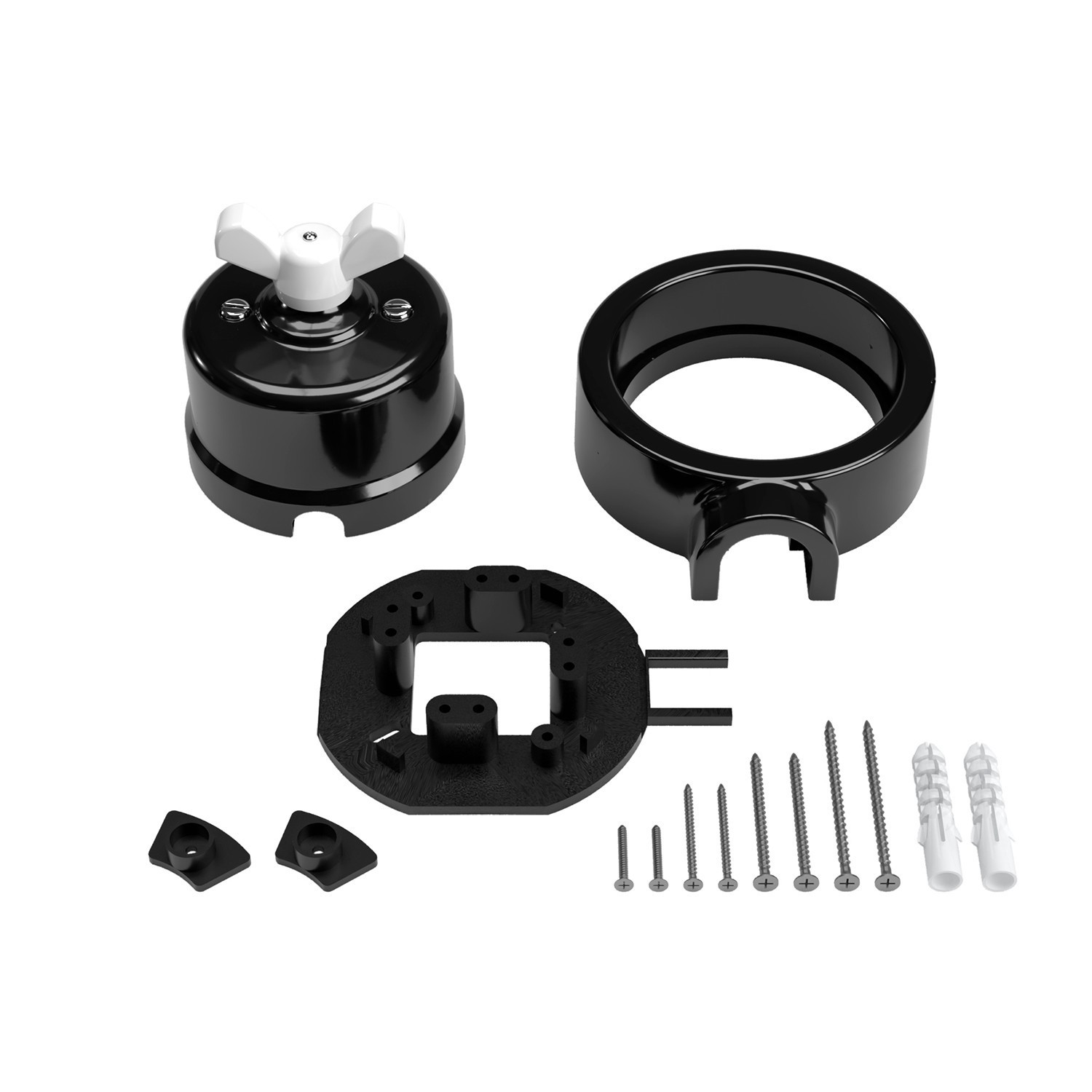 Kit interruttore/deviatore con dado a farfalla e base per Creative-Tubes in porcellana nera