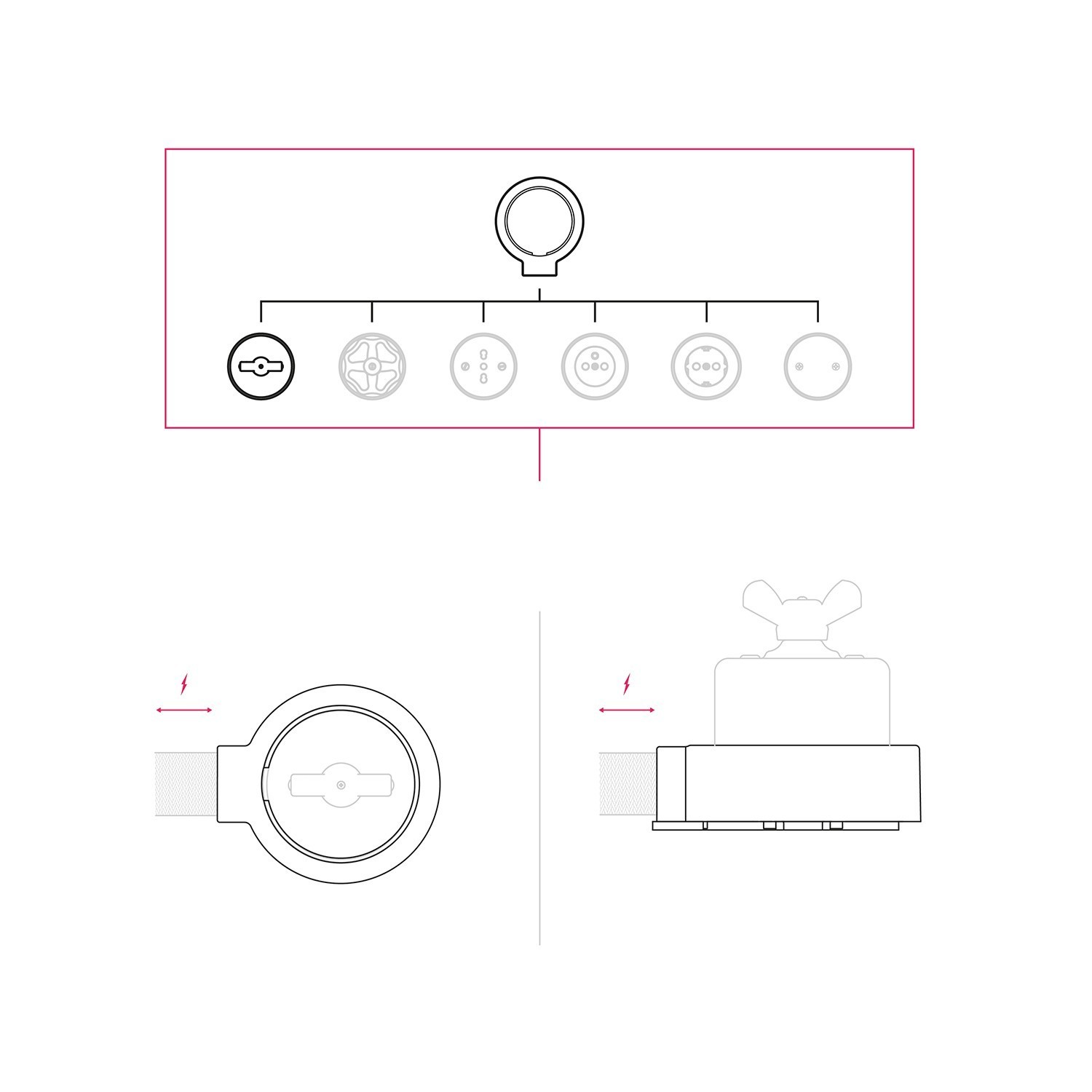 Kit interruttore/deviatore con dado a farfalla e base per Creative-Tubes in porcellana nera