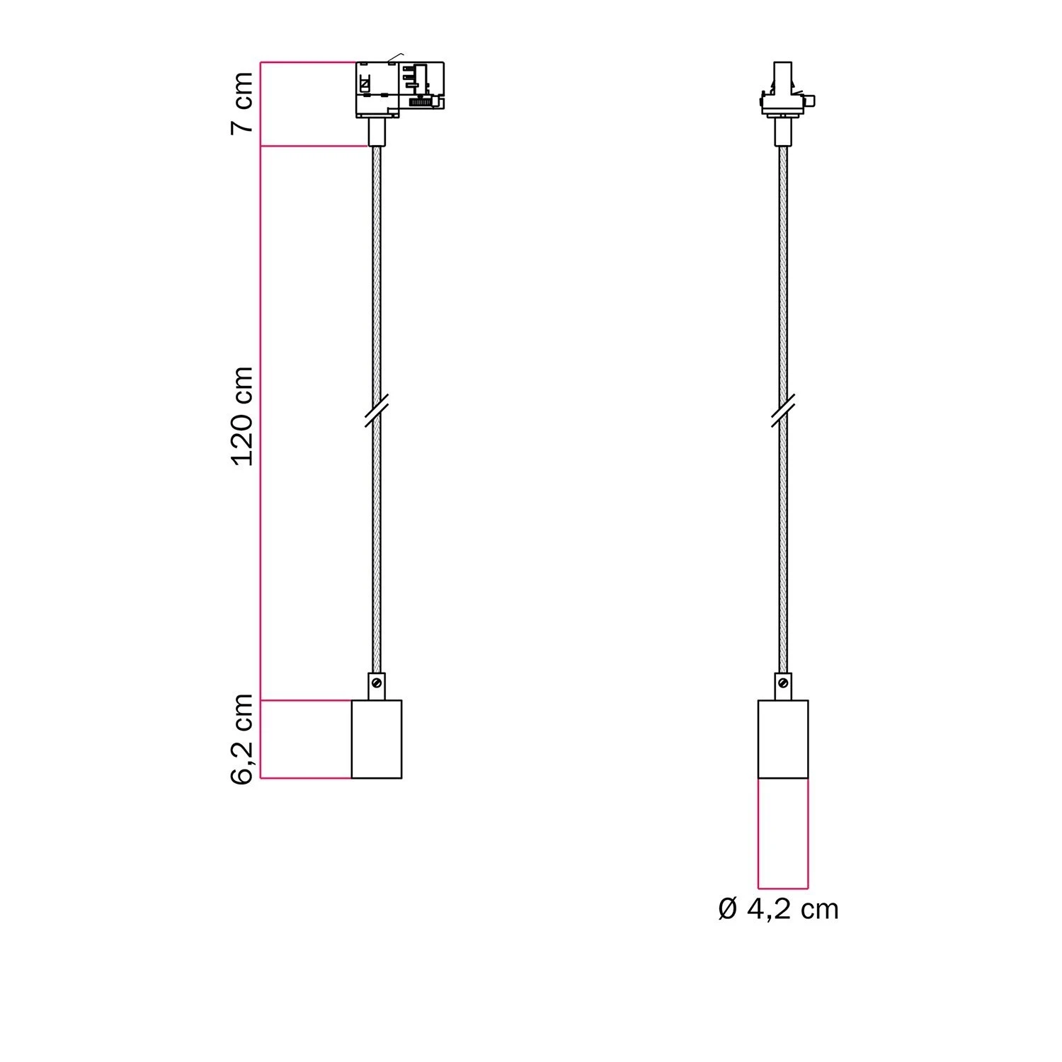 Lampada a sospensione in metallo per binari con finiture a contrasto