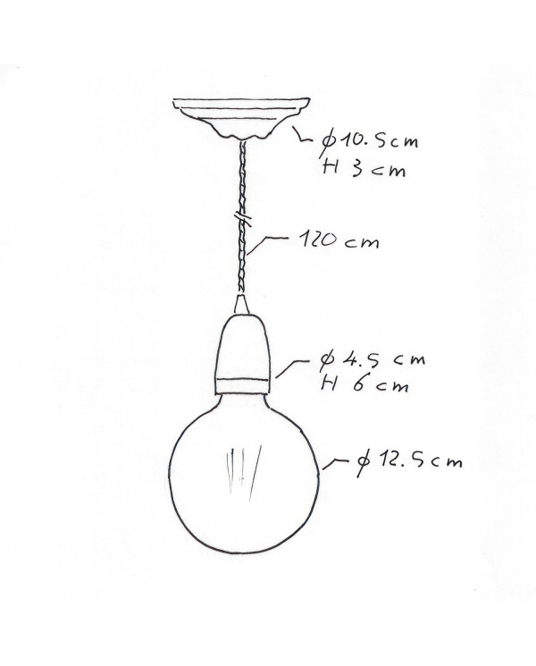 Lampada a sospensione Made in Italy completa di cavo tessile trecciato e finiture in porcellana