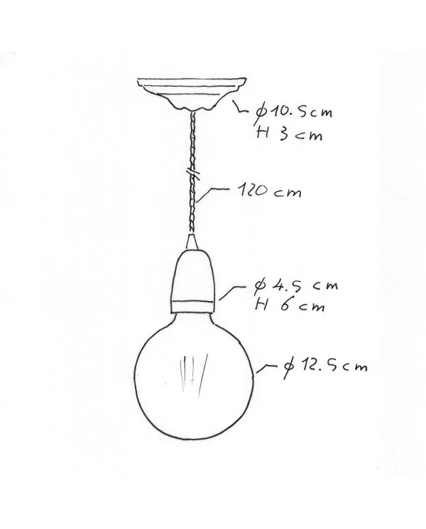 Lampada a sospensione Made in Italy completa di cavo tessile trecciato e finiture in porcellana bianca