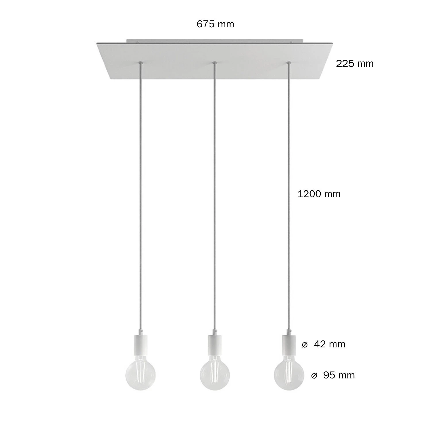 Lampada a sospensione a 3 cadute con XXL Rose-One rettangolare 675 mm  completa di cavo tessile e finiture in metallo