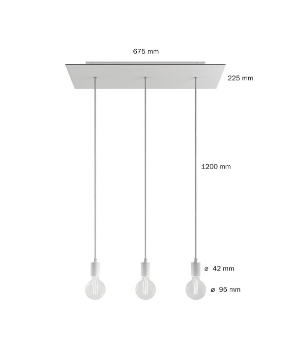 Lampada a sospensione a 3 cadute con XXL Rose-One rettangolare 675 mm  completa di cavo tessile e finiture in metallo