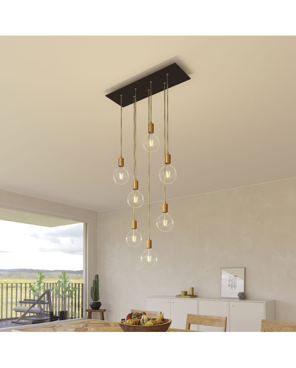 Lampada a sospensione a 7 cadute con XXL Rose-One rettangolare 675 mm completa di cavo tessile e finiture in metallo