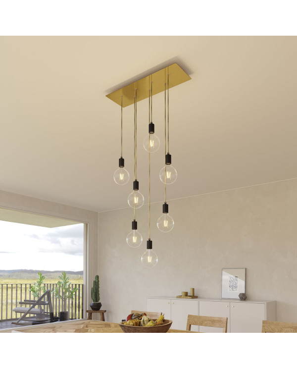 Lampada a sospensione a 7 cadute con XXL Rose-One rettangolare 675 mm completa di cavo tessile e finiture in metallo