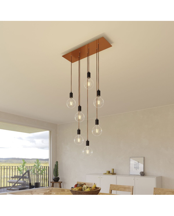 Lampada a sospensione a 7 cadute con XXL Rose-One rettangolare 675 mm completa di cavo tessile e finiture in metallo