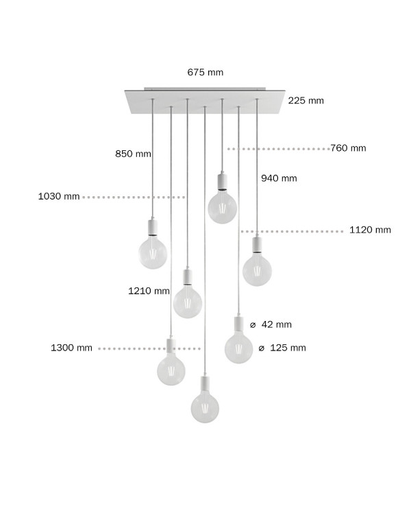 Lampada a sospensione a 7 cadute con XXL Rose-One rettangolare 675 mm completa di cavo tessile e finiture in metallo