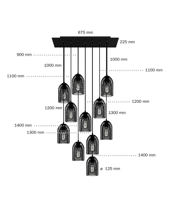 Lampada a sospensione a 11 cadute con XXL Rose-One rettangolare 675 mm completa di cavo tessile e paralume in metallo Ghostbell